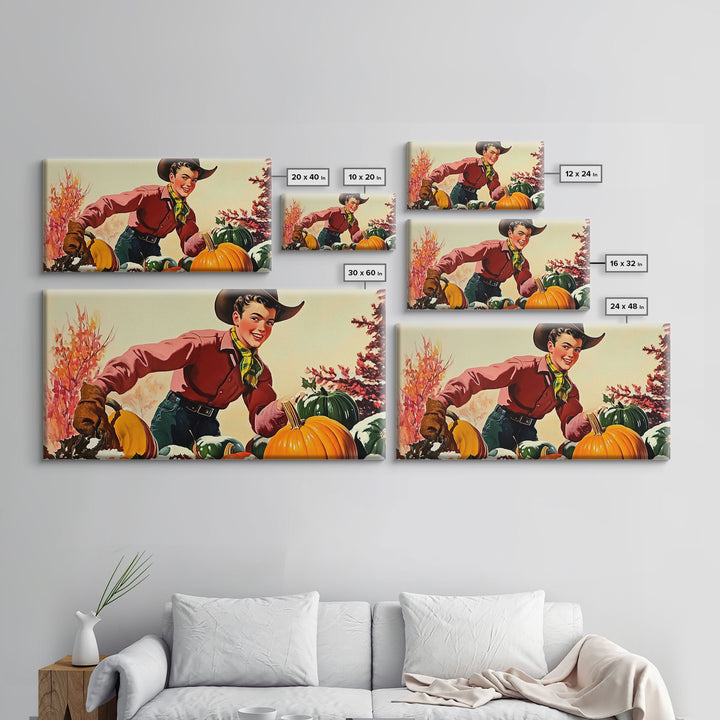 Autumn Cowboy with Pumpkins Framed Canvas Print, Vintage Fall Decor, Gift Idea, Farmhouse Wall Art, Rustic Pumpkin Patch, Holiday Home Decor