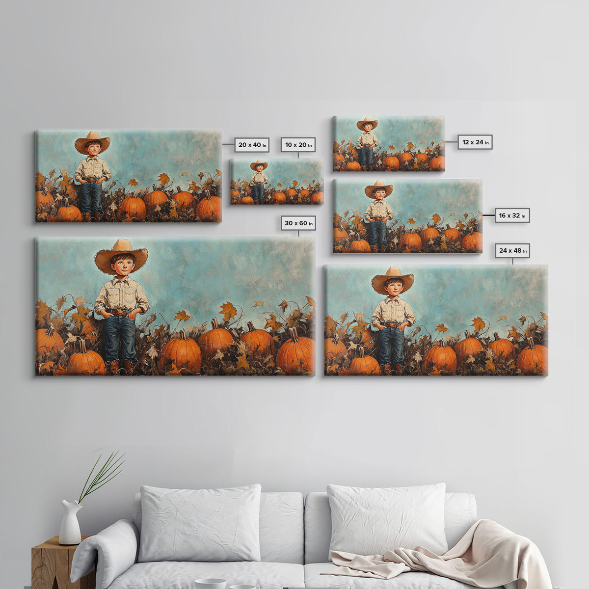 Cowboy Boy with Pumpkins Framed Canvas Print, Fall Wall Art, Rustic Farmhouse Decor, Vintage Harvest Print, Gift Idea, Holiday Home Decor