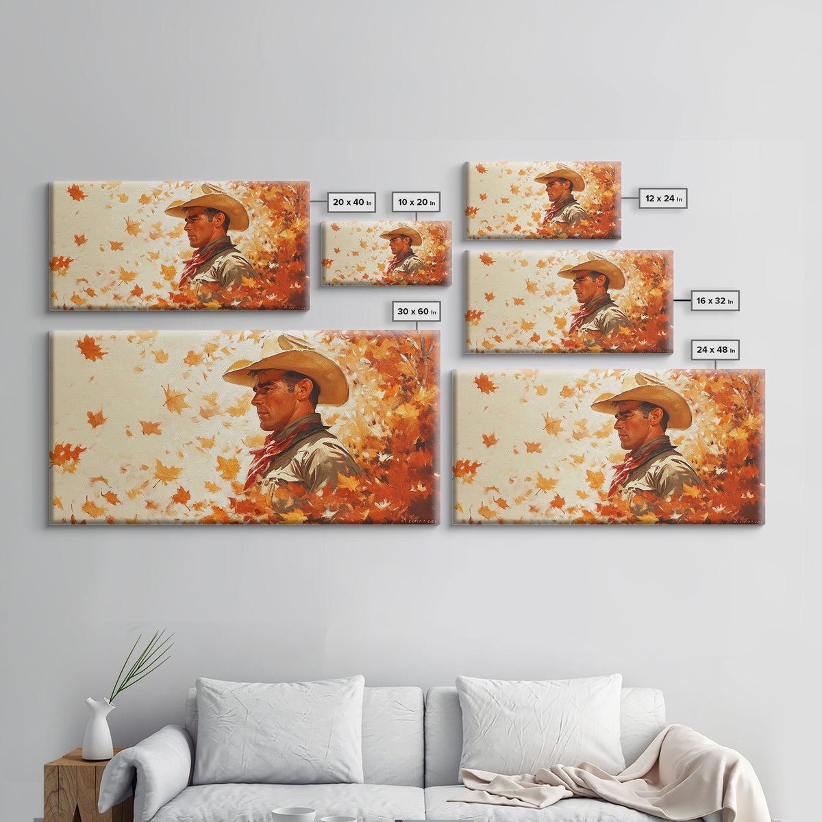 Cowboy and Fall Leaves, Framed Canvas Print Seasonal Wall Art Christmas Cowboy Gift Winter Landscape Wall Decor