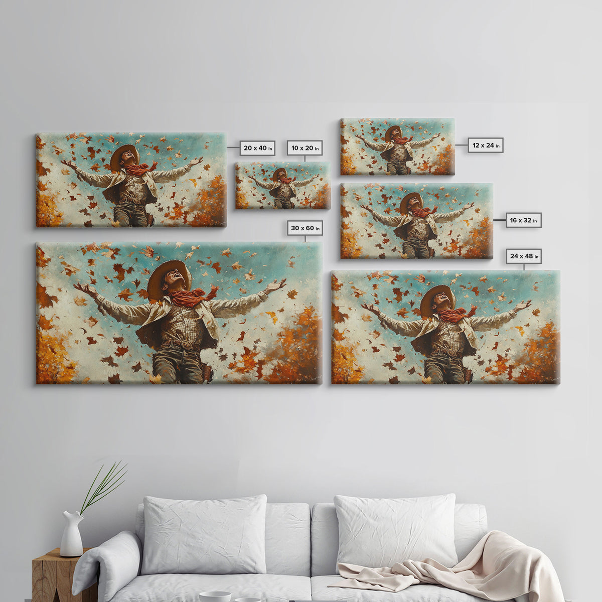 Cowboy Throwing Leaves In The Air, Funny Western Decor, Framed Canvas Print, Mood Lifting Wall Art, Fall Decor