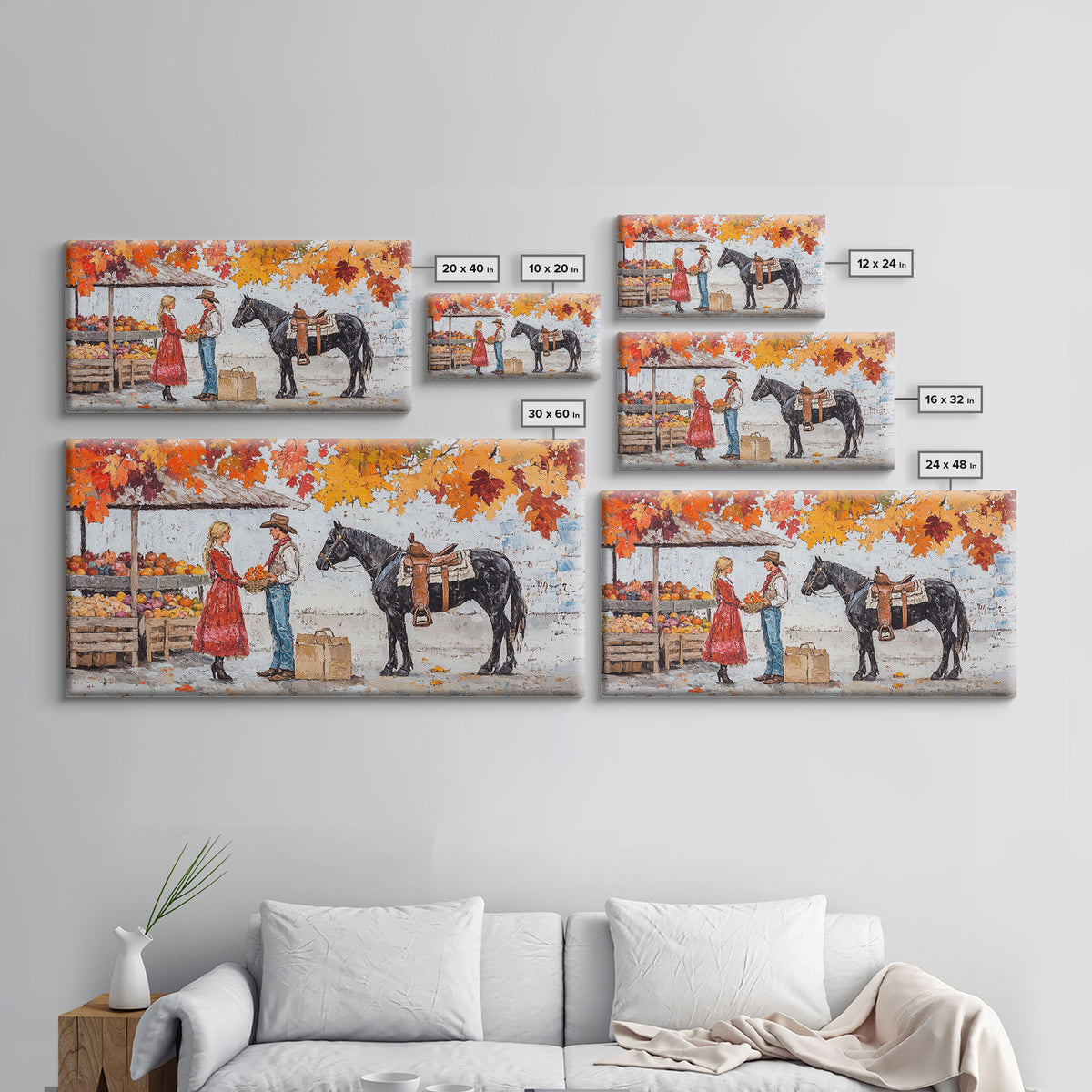 Cute Cowboy & Cowgirl Meet At The Market, Autumn Landscape Fall Colors Horse Rider Wall Art Rustic Fall Wall Decor, Framed Canvas Print