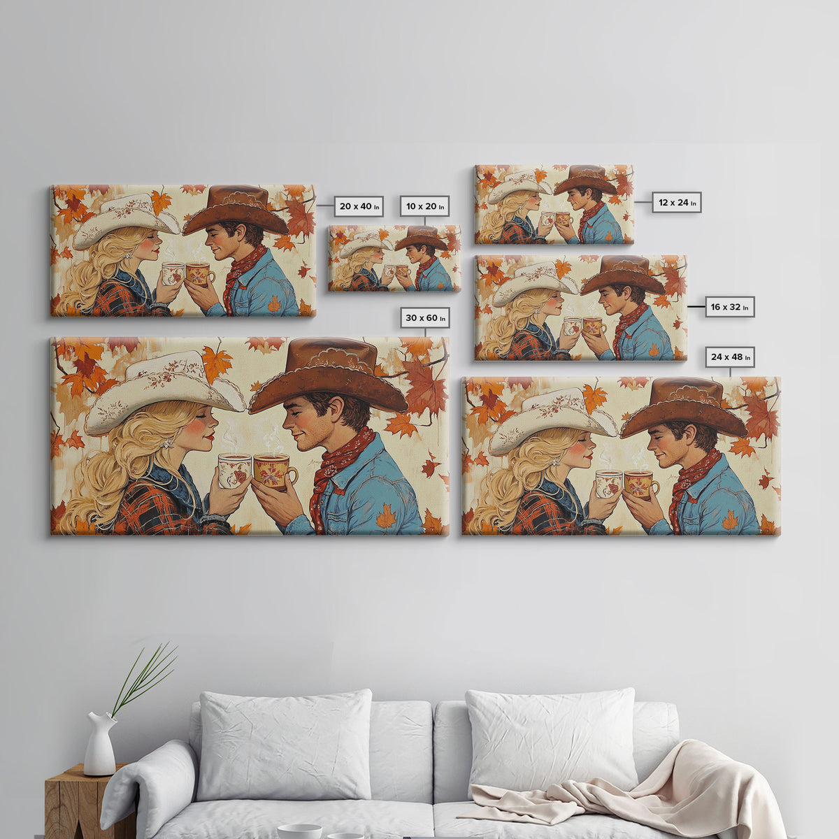 Cowgirl & Cowboy Enjoy Some Hot Chocolate, Art For Couples, Framed Canvas Print, Rustic Farmhouse Home Decor, Wall Art Rustic Decor