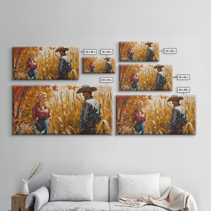 Cowboy & Cowgirl In Love, Framed Canvas Print, Vintage Holiday Winter Wall Art Western Christmas Decor