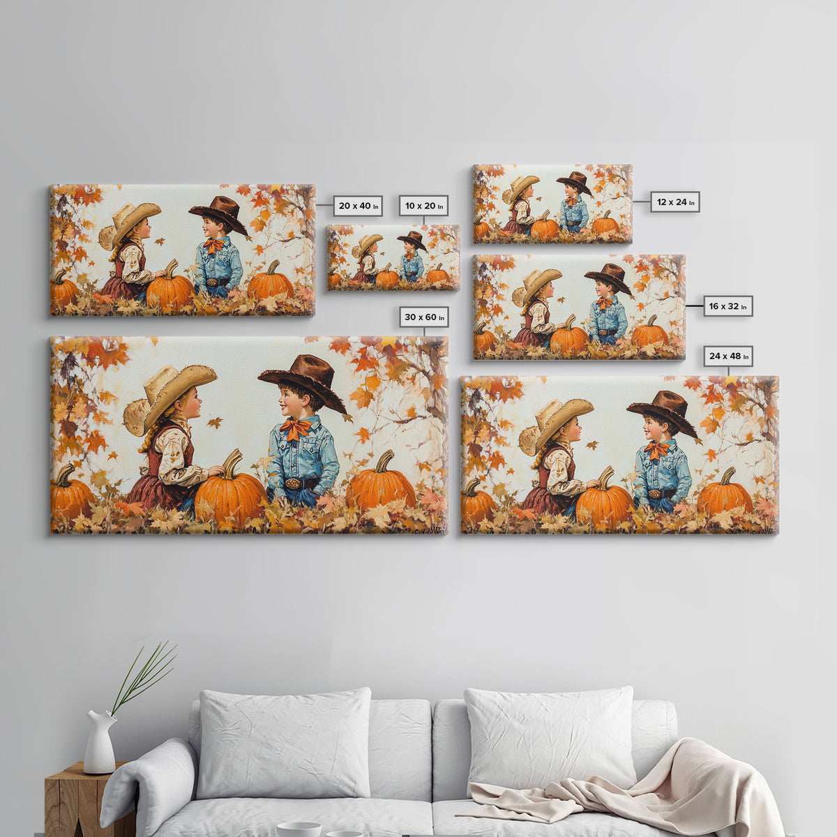 Cute Cowboy and Cowgirl In a Pumpkin Patch, Framed Canvas Print, 1950s Style Wall Art, Nursery Decor
