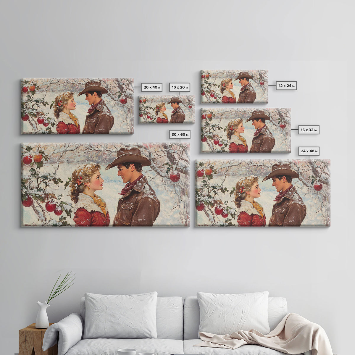 Cowboy and Cowgirl meet under the mistletoe, framed canvas print, cute winter wall art, Christmas home decor, seasonal rustic decor