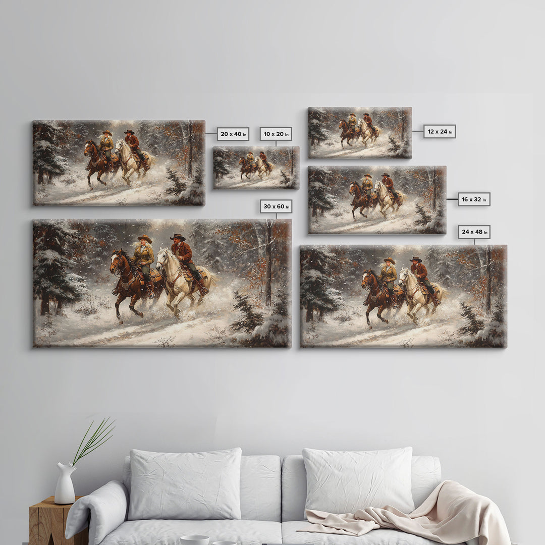 Riders In The Snow, Framed Canvas Print, Rustic Wall Decor, Primitive Art, wall art, warm fall colors, western decor, rustic farmhouse