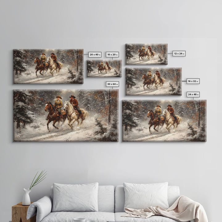 Riders In The Snow, Framed Canvas Print, Rustic Wall Decor, Primitive Art, wall art, warm fall colors, western decor, rustic farmhouse