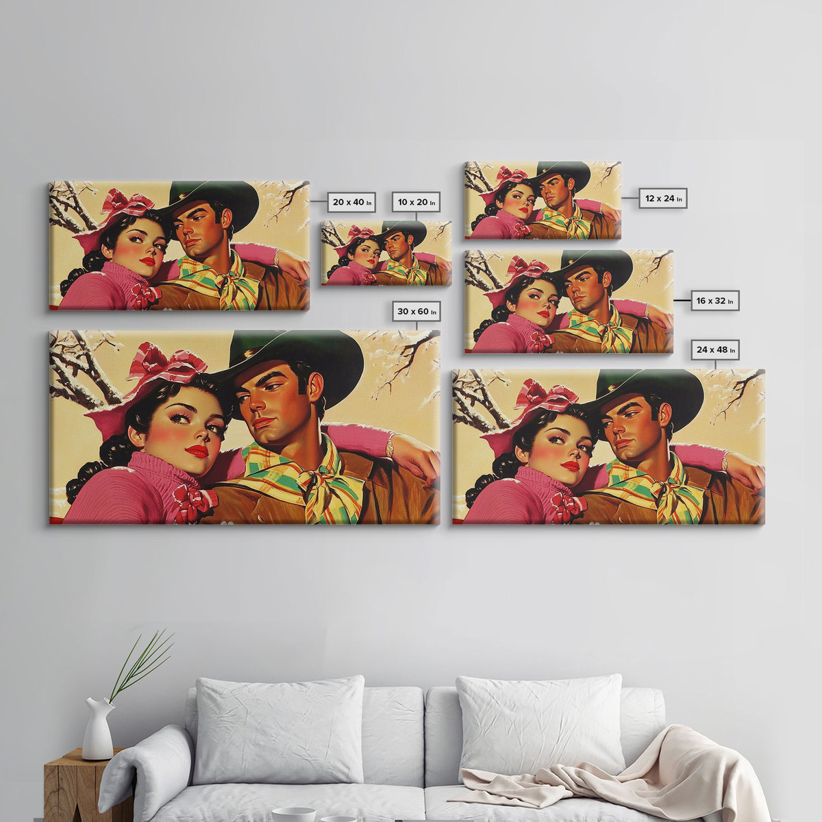 Retro 50s Style Cowboy and Cowgirl In Love, Gift For Couples, Framed Canvas Print, vintage wall art, rustic decor, classic western print