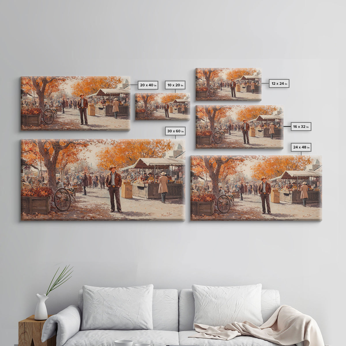 Cowboy in green jacket, snow-capped mountains trees, Framed Canvas Print, tall western Christmas wall art, winter decor, colorful landscape