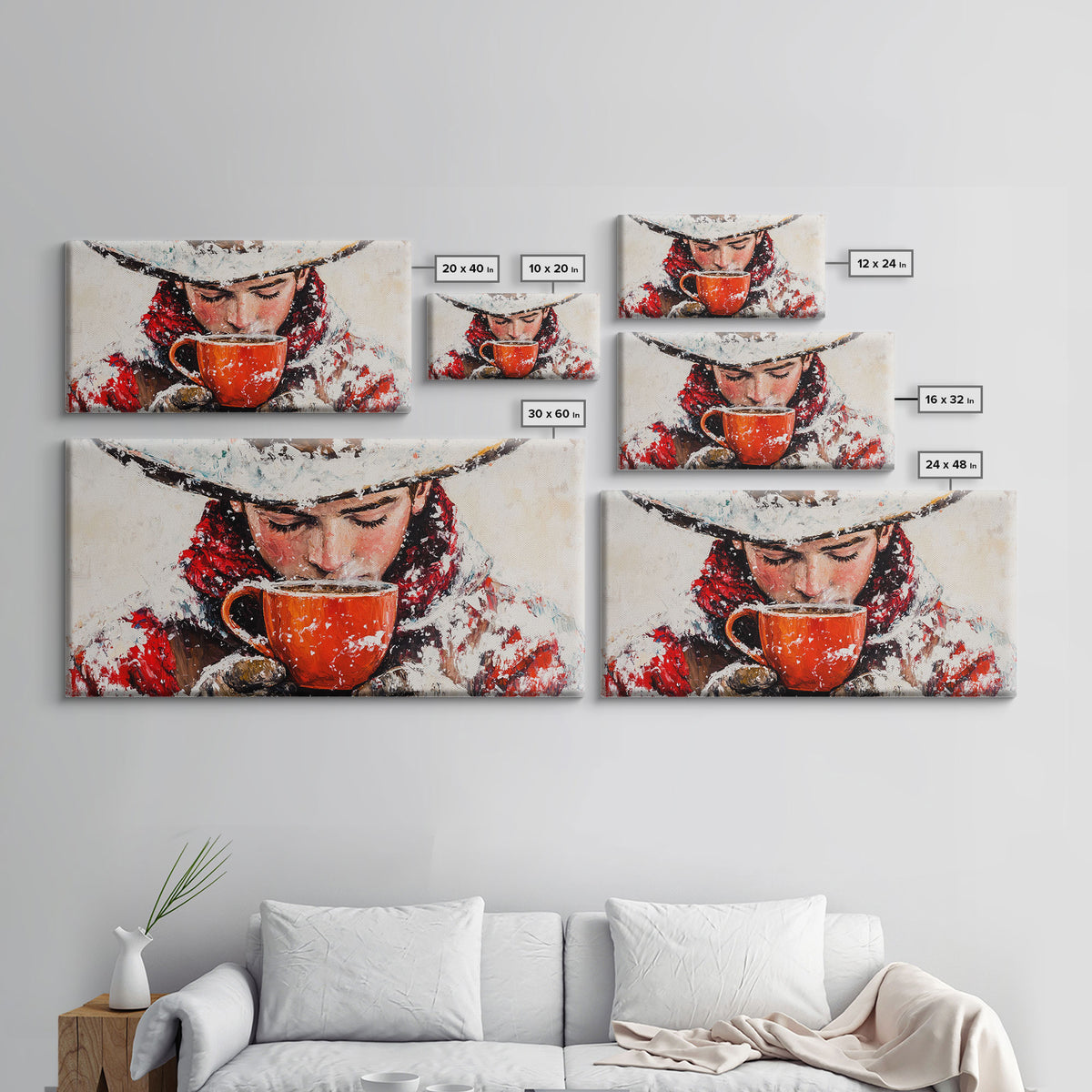 Cowboy in forest with burning fire, deep autumn hues, Framed Canvas Print, moody landscape, fall western art, rustic wall piece, wall decor