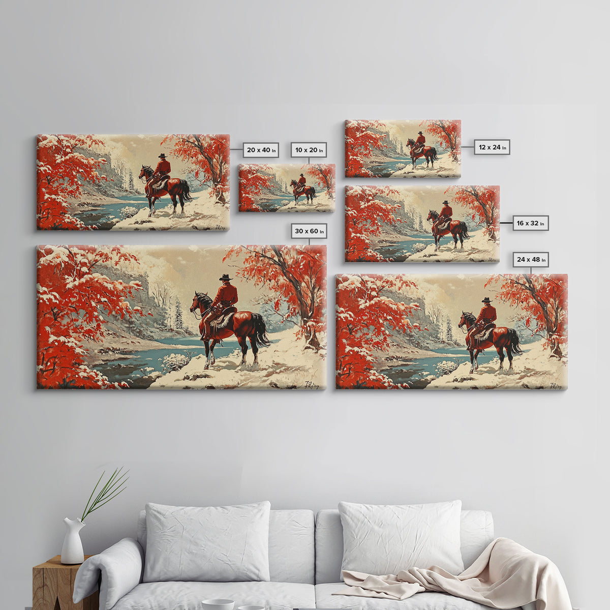 Cowboy resting by campfire under aspen trees with mountains in background, Framed Canvas Print, rustic wall art, warm western decor piece