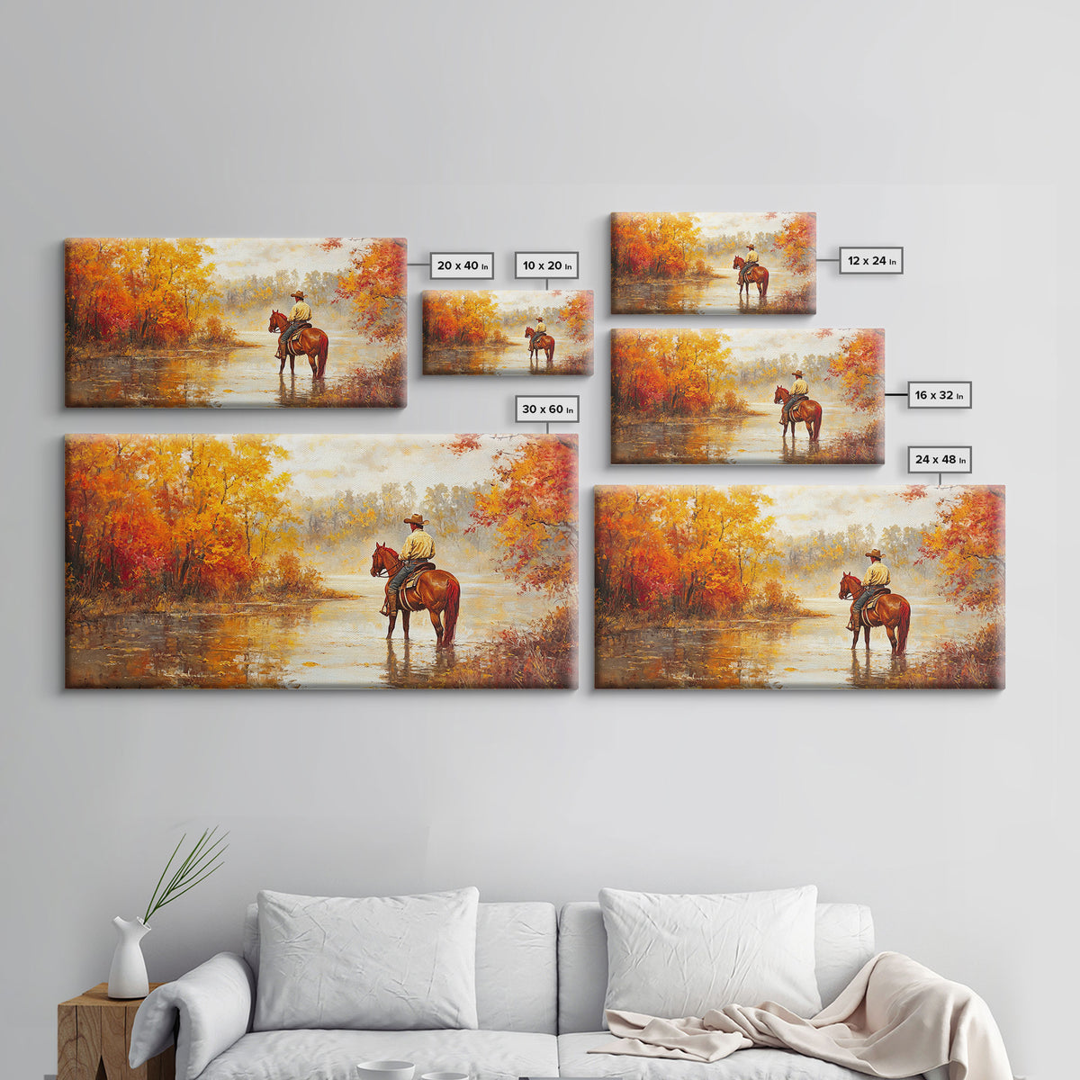 Cowboy sitting by campfire near a lake in the woods with autumn leaves, Framed Canvas Print, moody fall wall art, rustic western home decor