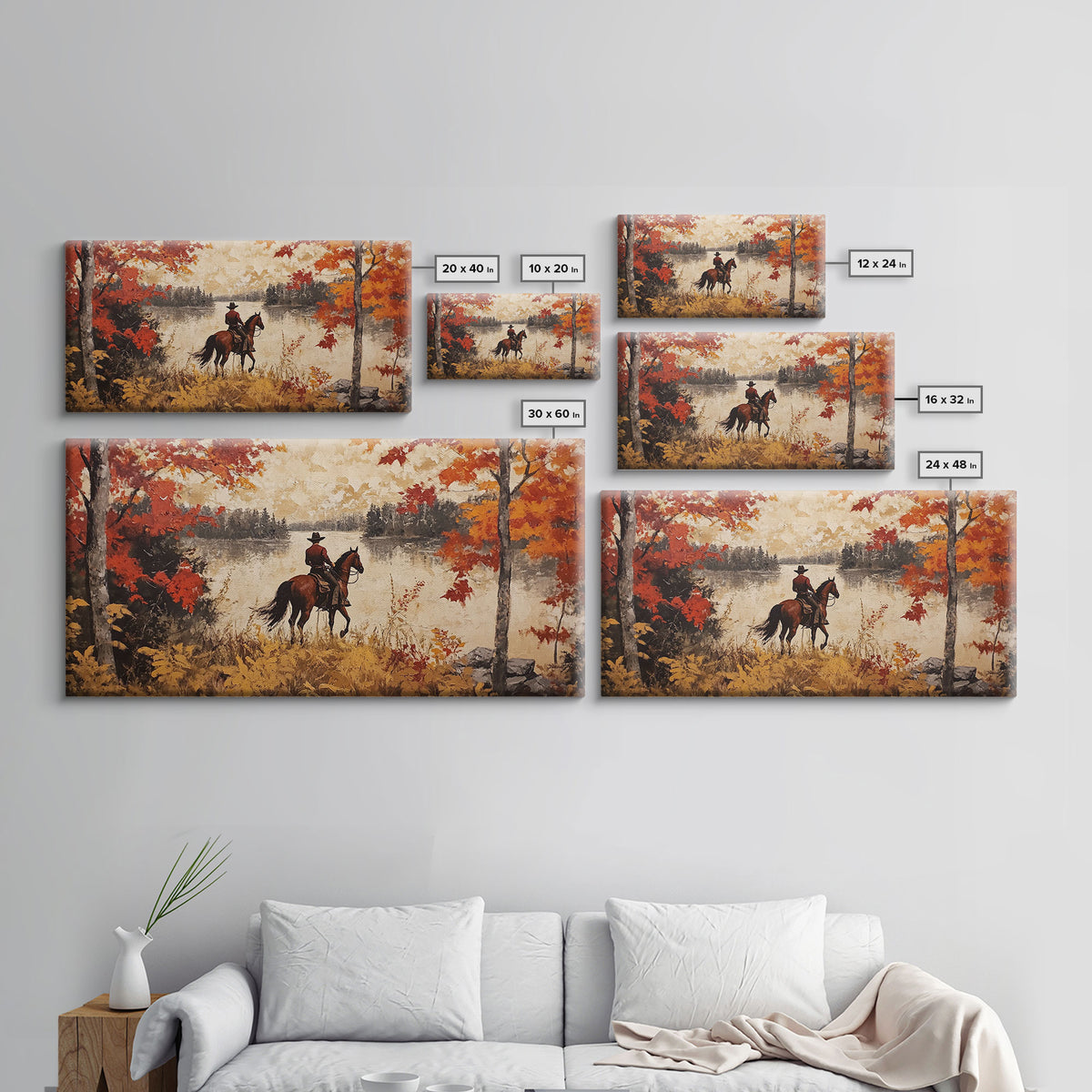 Cowboy on mountainside with red autumn leaves rugged cliffs, Framed Canvas Print, fall landscape wall art, western decor with warm colors