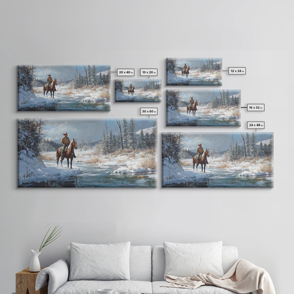 Cowboy riding horse through vibrant autumn forest, Framed Canvas Print, tall fall wall art, rustic western decor, moody landscape