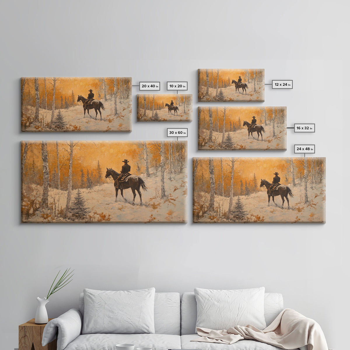 Cowboy riding horse through deep snow in a winter storm, Framed Canvas Print, dynamic winter wall art, rustic western home decor