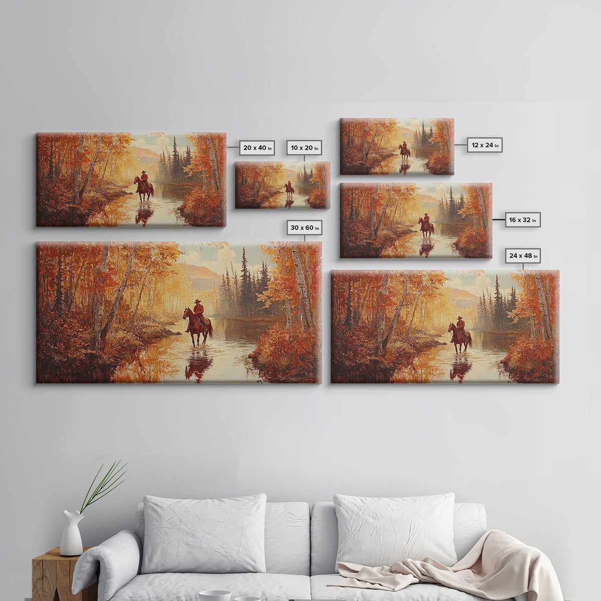 Black white cowboy riding toward snow-covered mountains, Framed Canvas Print, minimalist winter wall art, moody landscape, western decor