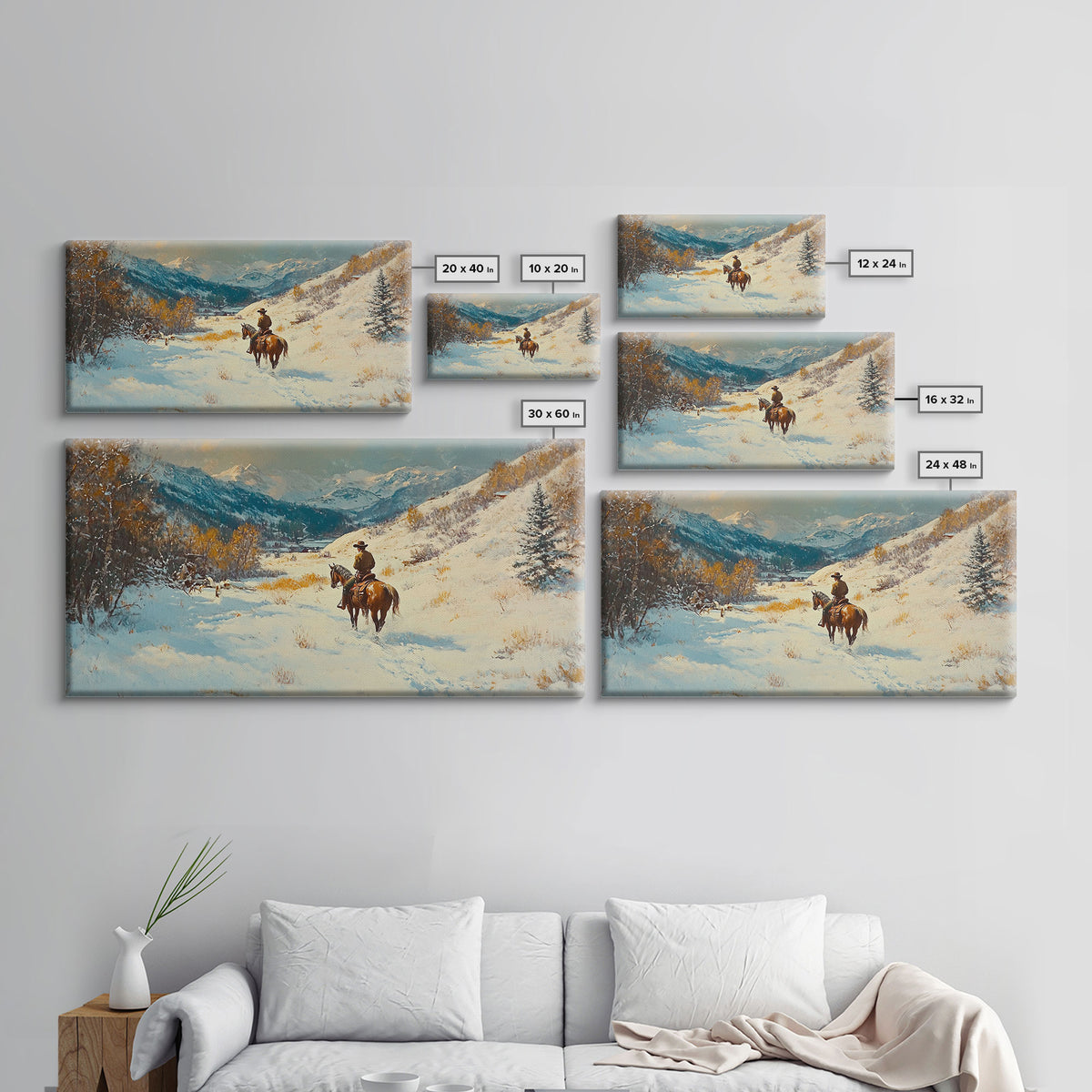 Cowgirl with yellow scarf in fall forest, Framed Canvas Print, tall dramatic black white wall art with a pop of color, moody autumn decor