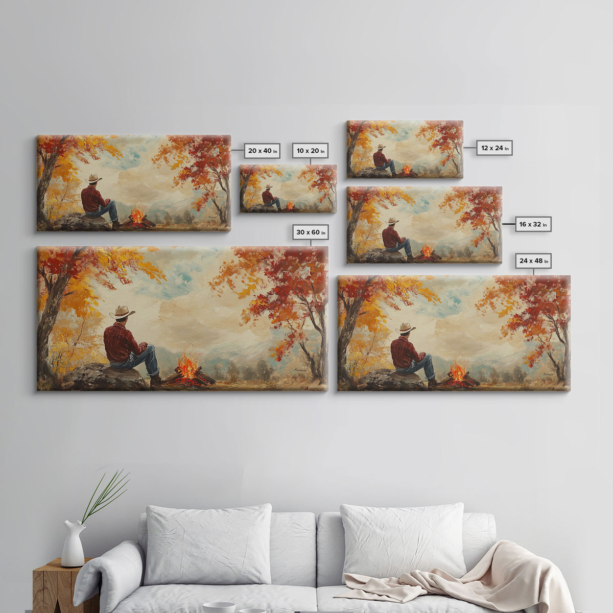 Cheerful Framed Canvas Print of a woman in a cowboy hat enjoying a coffee by fall colors, perfect vintage autumn wall art decor