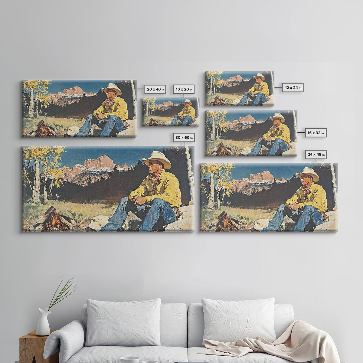 Bold monochromatic Framed Canvas Print showcasing a woman in a cowboy hat with horses in a snowy mountain landscape, rustic winter wall art