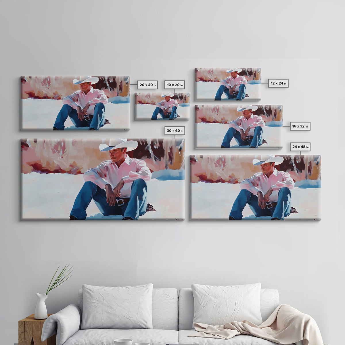 Fall harvest Framed Canvas Print featuring a cowgirl sitting among pumpkins in a rustic setting, farmhouse autumn decor and wall art