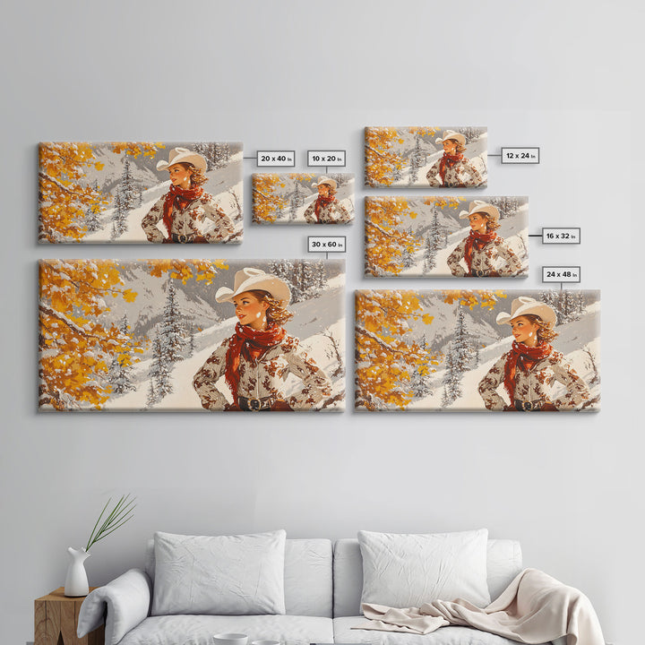Charming Framed Canvas Print of a Cowgirl in Autumn Leaves, Perfect Fall Wall Decor and Gift Idea for Fans of Western Art Rustic Home Decor