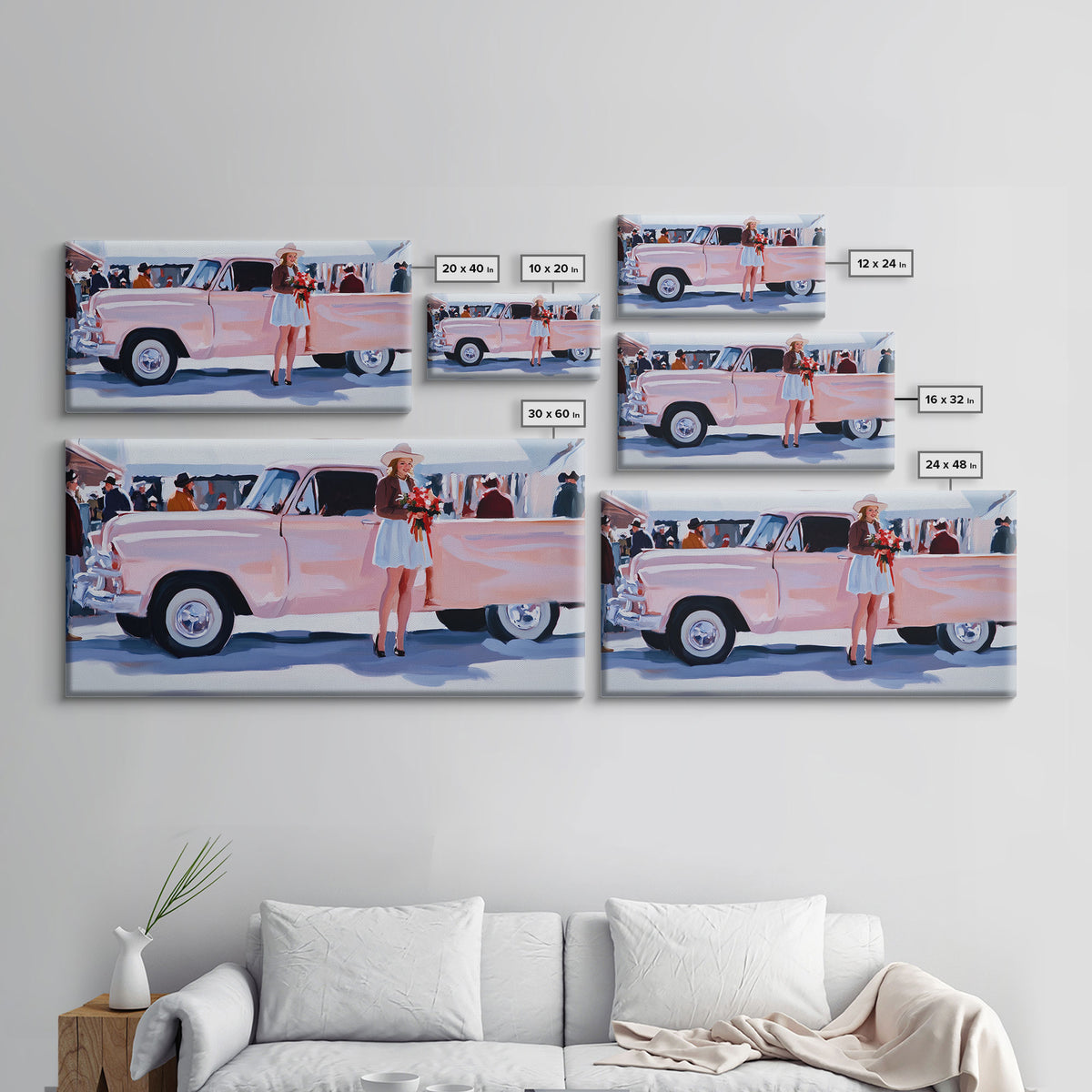 Cute Cowgirl and Her Pink Truck, Framed Canvas Print, Retro Pink Fall Decor, Wall Art Fall Home Decor, Ideal Gift Idea Rustic Seasonal Decor