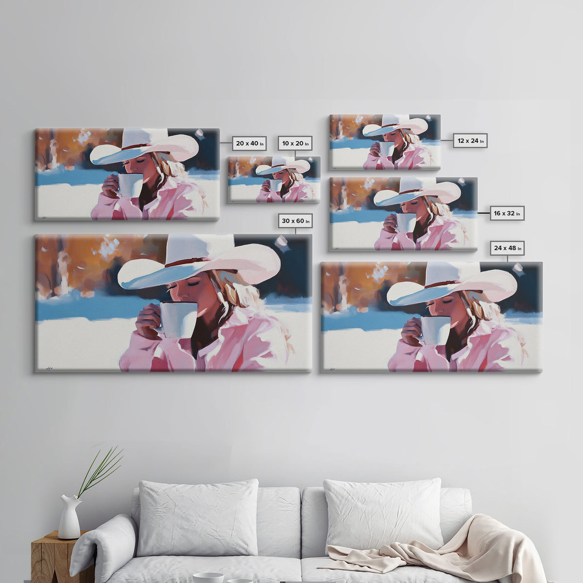 Cowgirl Enjoying A Cup of Coffee, Framed Canvas Print, Winter Wall Art, Pink Decor, Gift For Her, Seasonal Winter Home Decor