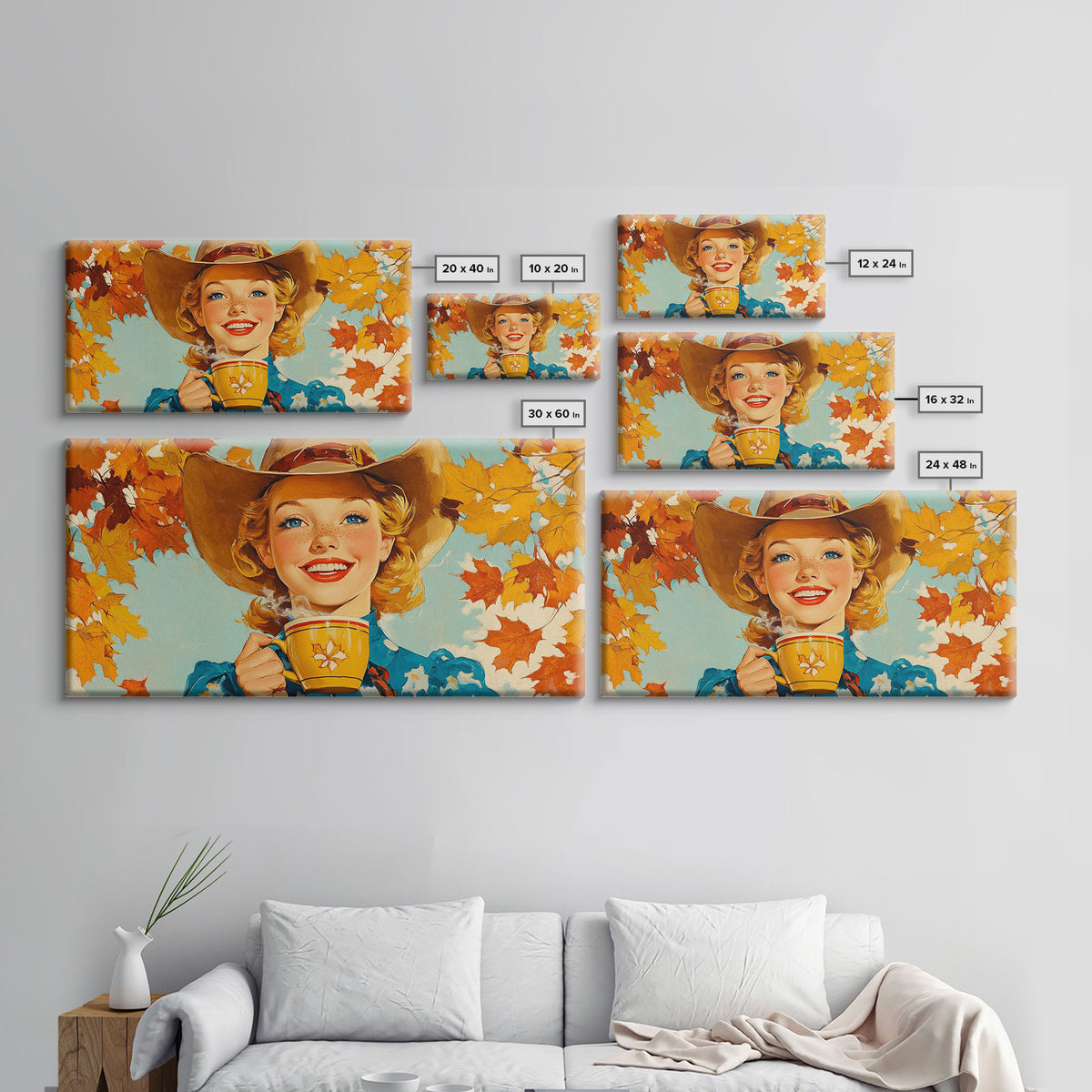 Happy Cowgirl Enjoying Hot Cocoa, Framed Canvas Print, Cute Fall Decor, Rustic Farmhouse Wall Art, Retro Style Trendy Autumn Decor