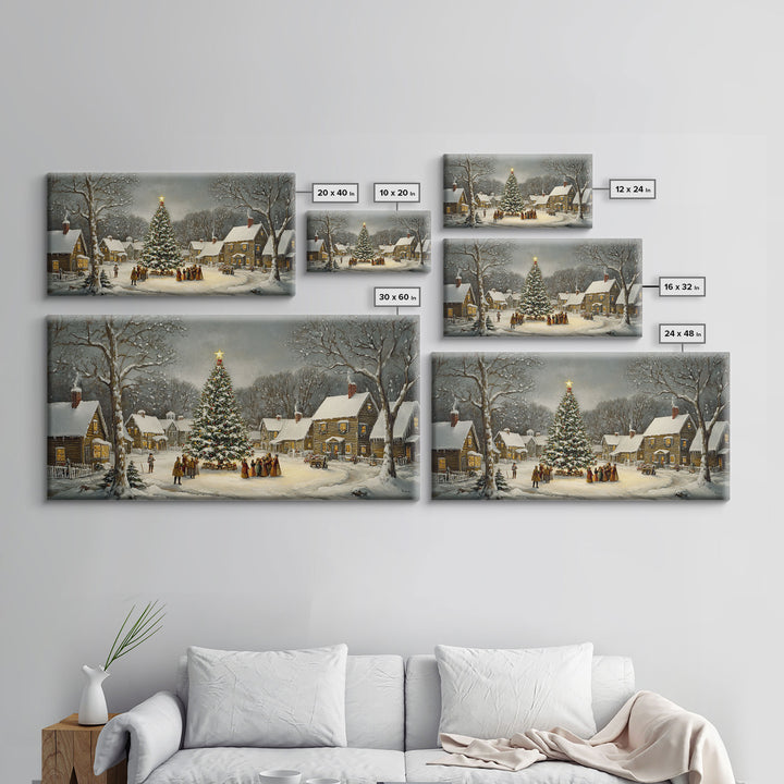 Large Christmas Tree In Snowy Village With Families, Winter Wonderland Holiday Wall Art, Framed Canvas Print, Rustic Christmas Decor