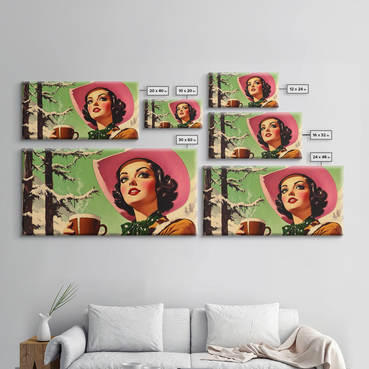 Retro Cowgirl Having A Cup Of Coffee, Framed Canvas Print, 1950s Style Wall Art, Vintage Art, Winter Decor, Watercolor Christmas Art