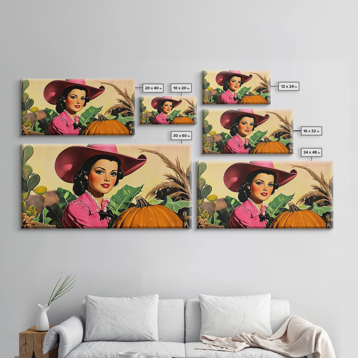 Retro Cowgirl In A Pumpkin Patch, Framed Canvas Print, Fall and Autumn Rustic Decor, perfect autumn or Christmas decor wall art