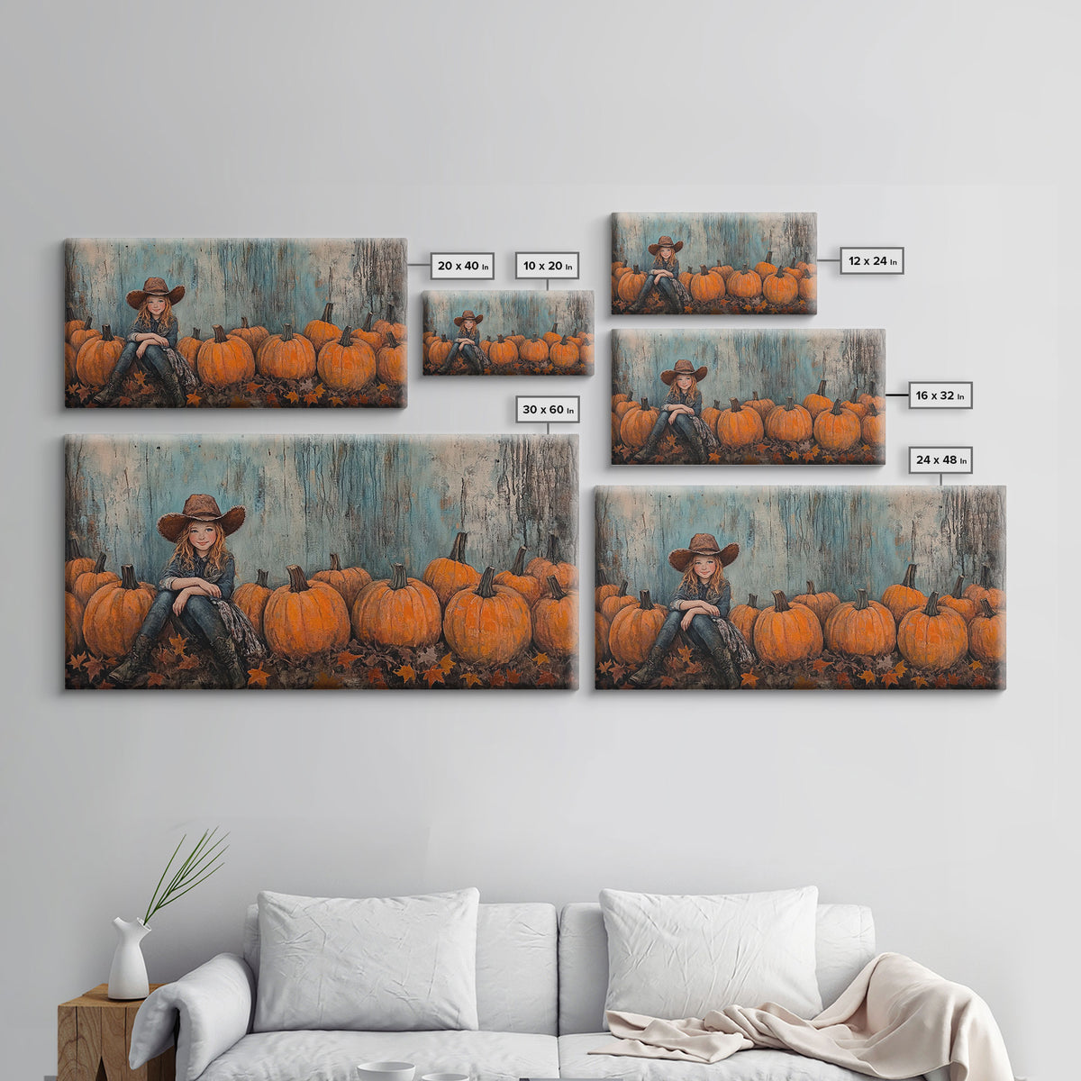 Cute Cowgirl In A Pumpkin Patch, Framed Canvas Print, Fall / Thanksgiving Decor, minimalist seasonal art for autumn or Christmas decor