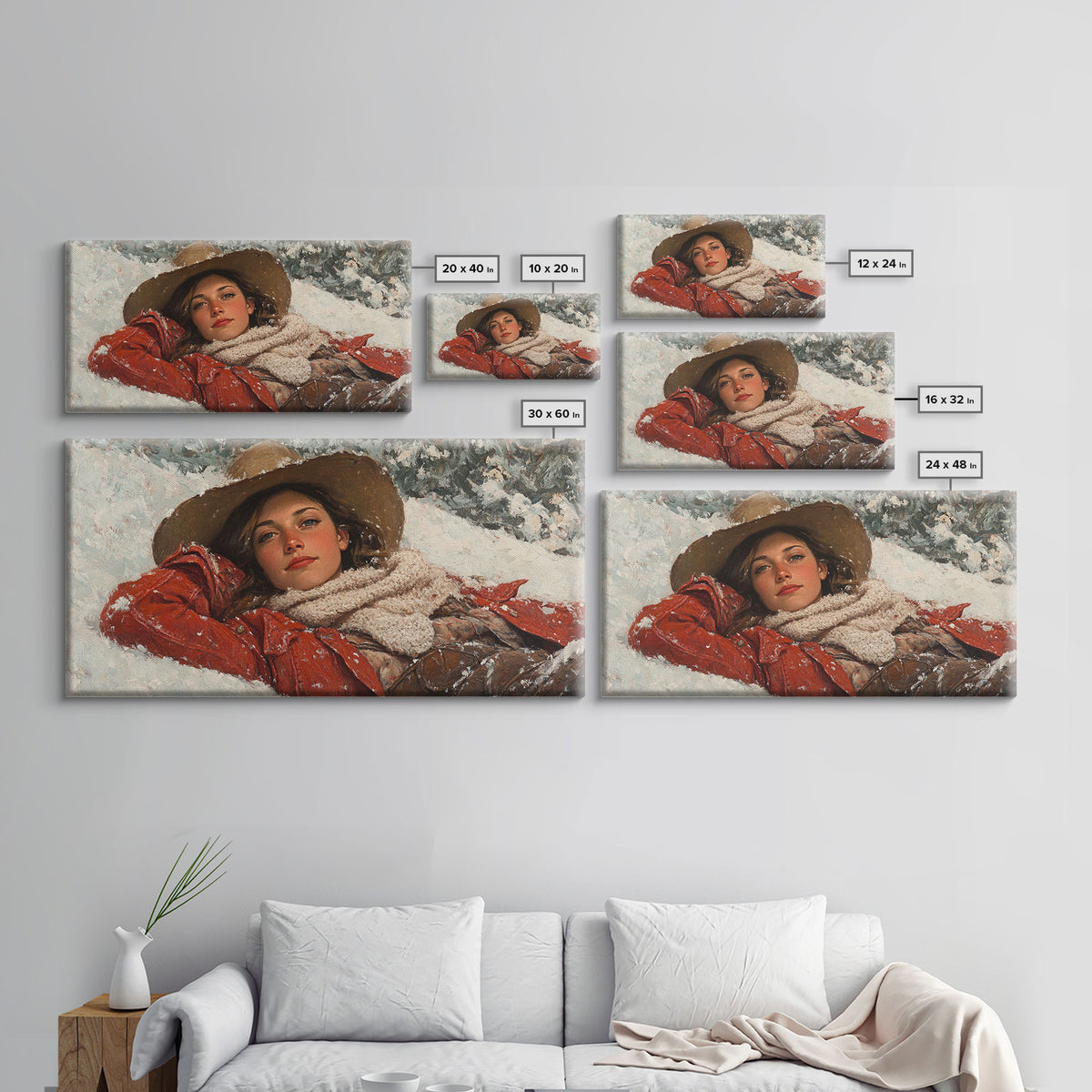 Cowgirl Laying In The Snow Framed Canvas Print, Cute Rustic Decor, Cowgirl Portrait Painting, Winter Wall Art