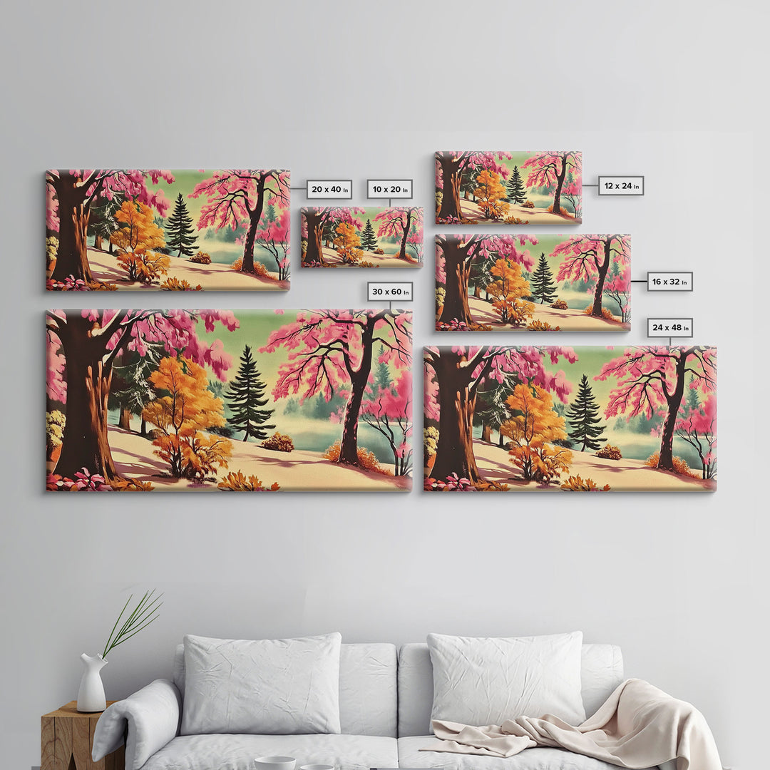 Colorful Path with Pink and Orange Trees Framed Canvas Print, Ideal Autumn Wall Art, Perfect Seasonal Decor Gift for Nature Lovers