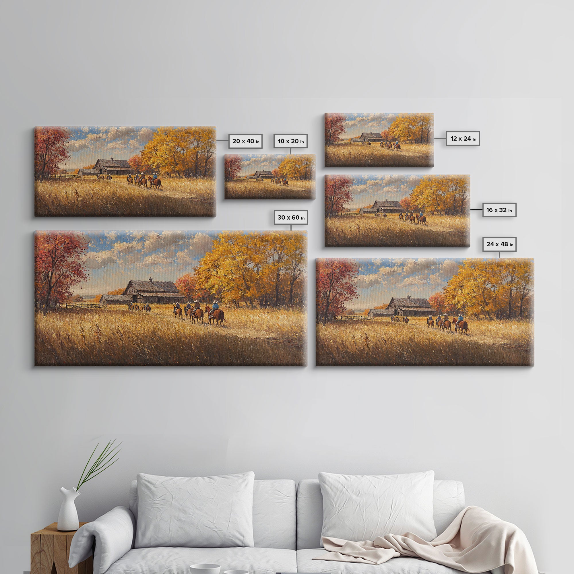 Horseback Riders In Autumn Near Barn, Rustic Fall Wall Art, Cozy Farmhouse Decor Framed Canvas Print, Harvest Time Country Art
