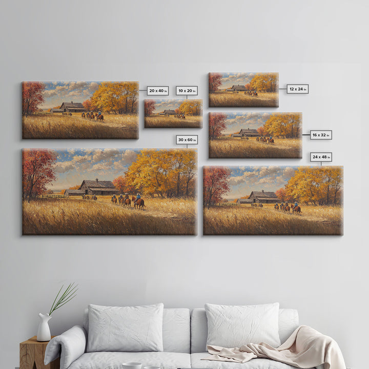 Horseback Riders In Autumn Near Barn, Rustic Fall Wall Art, Cozy Farmhouse Decor Framed Canvas Print, Harvest Time Country Art