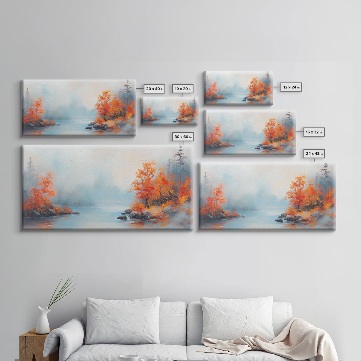 Fall On The Lake, Framed Canvas Print, Beautiful Seasonal Decor, Moody Landscape Painting