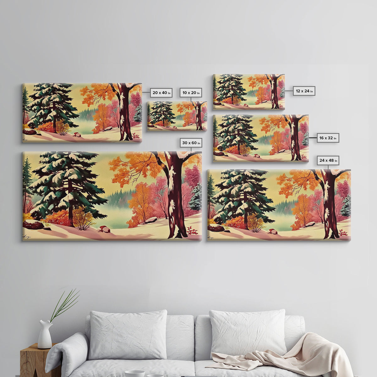 Retro 1950s Style Winter Landscape Painting, Framed Canvas Print, Perfect Holiday Wall Art for Vintage Christmas Decor and Festive Interiors