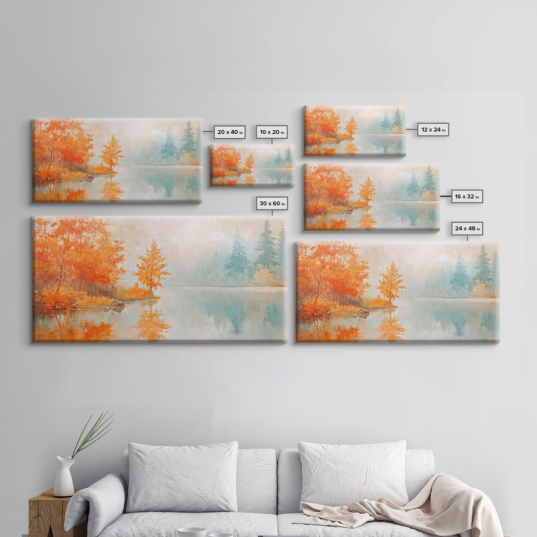 Mid-century modern living room with Christmas tree and presents Framed Canvas Print, colorful Christmas decor for stylish holiday wall art