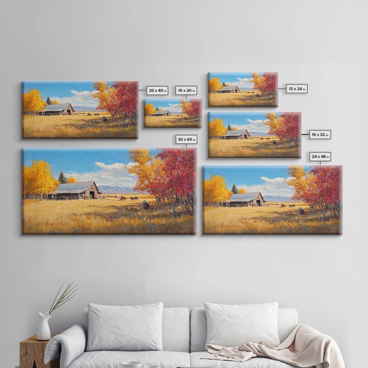 Group Of Horseback Riders In Autumn Field, Rustic Fall Scene Wall Art, Country Farmhouse Framed Canvas Print, Cozy Harvest Time Art