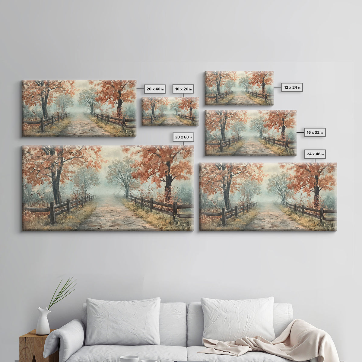 Autumn Path Framed Canvas Print, Rustic Fence and Trees Wall Art, Farmhouse Fall Home Decor, Vintage Style Wall Art, Seasonal Gift Idea