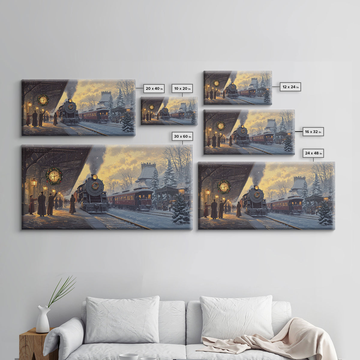 Christmas Train Station Framed Canvas Print, Snowy Train Scene Art, Vintage Christmas Decor, Holiday Wall Art, Best Christmas Gift