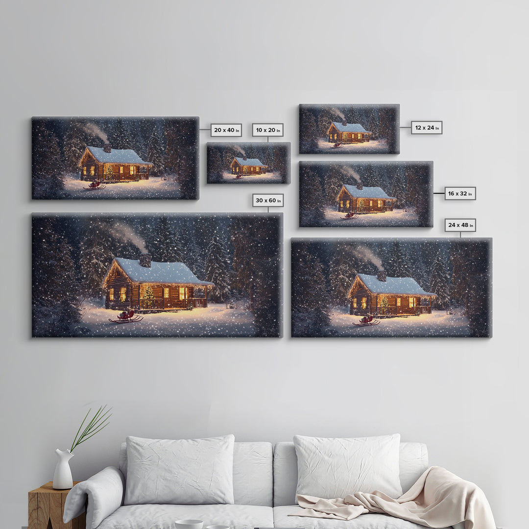 Cozy Cabin in Snow Framed Canvas Print, Winter Wonderland Scene Art, Rustic Christmas Decor, Holiday Wall Art, Seasonal Gift Idea
