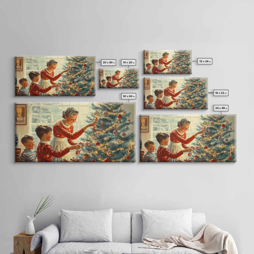 Family Decorating Tree Framed Canvas Print, Retro Christmas Scene, Vintage Holiday Decor, Christmas Tree Art, Christmas Wall Art Gift