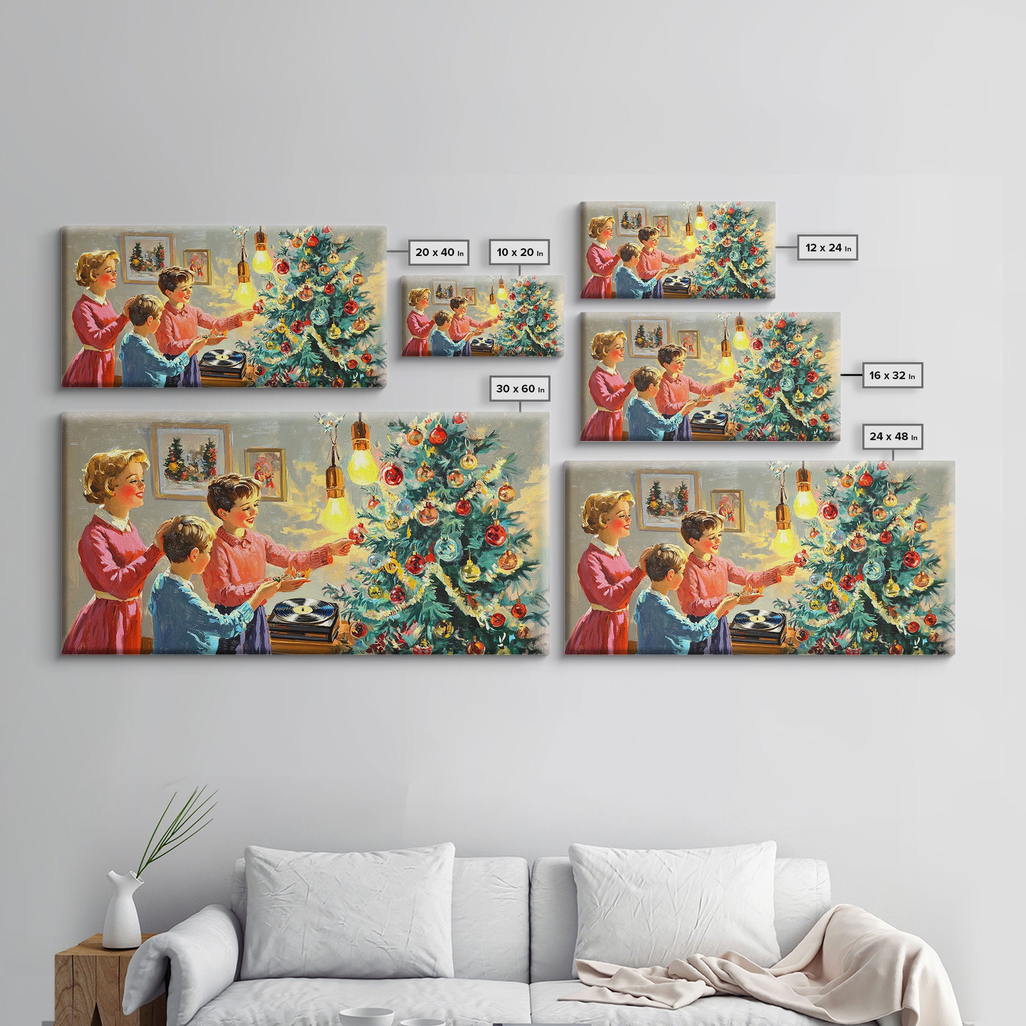 Family Christmas Decorating Framed Canvas Print, Retro Holiday Scene Art, Vintage Christmas Home Decor, Christmas Art Prints, Wall Art