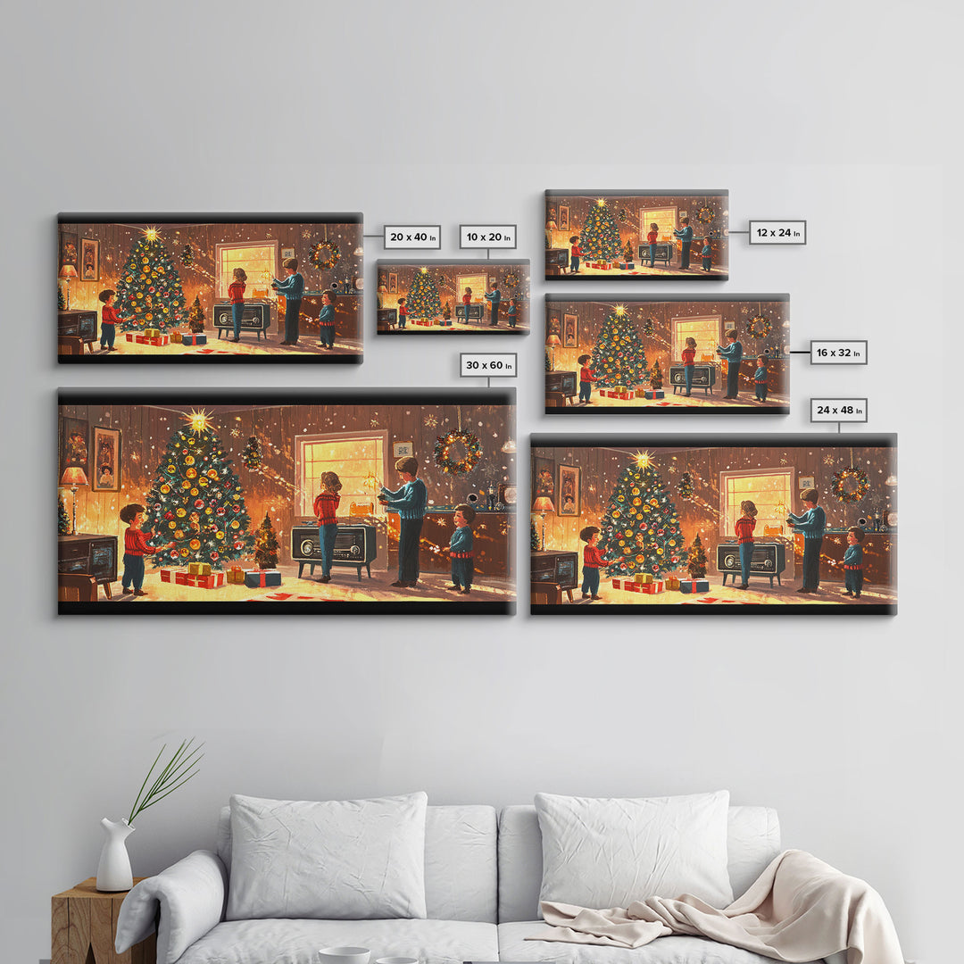 Cozy Christmas Evening Framed Canvas Print, Vintage Christmas Scene Art, Retro Holiday Home Decor, Christmas Tree Wall Art, Christmas Gift