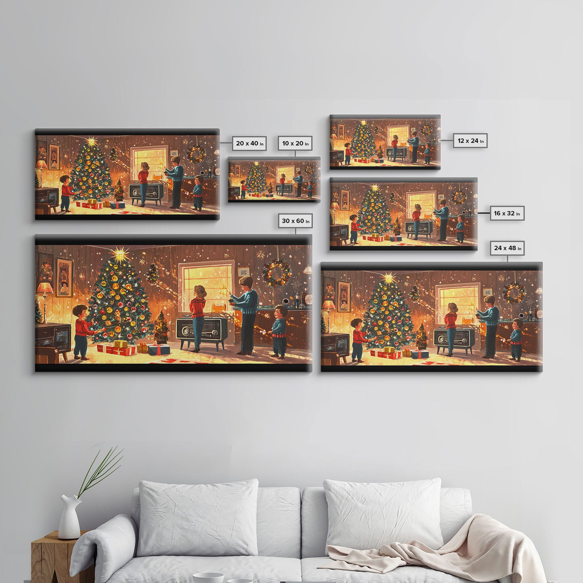 Cozy Christmas Evening Framed Canvas Print, Vintage Christmas Scene Art, Retro Holiday Home Decor, Christmas Tree Wall Art, Christmas Gift