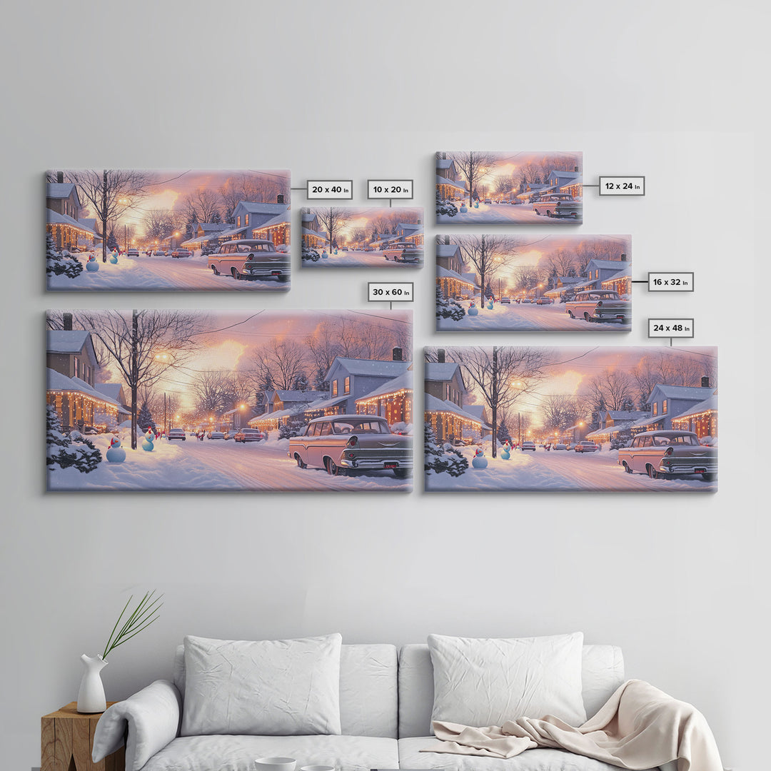 Snowy Neighborhood Evening Framed Canvas Print, Winter Wonderland Scene Art, Christmas Home Decor, Vintage Christmas Art, Holiday Wall Art