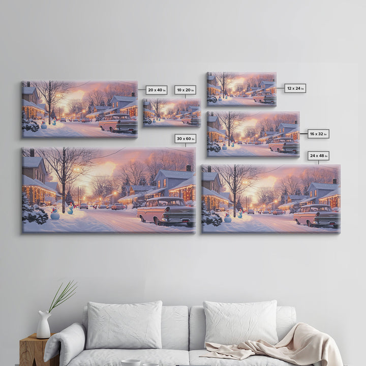 Snowy Neighborhood Evening Framed Canvas Print, Winter Wonderland Scene Art, Christmas Home Decor, Vintage Christmas Art, Holiday Wall Art