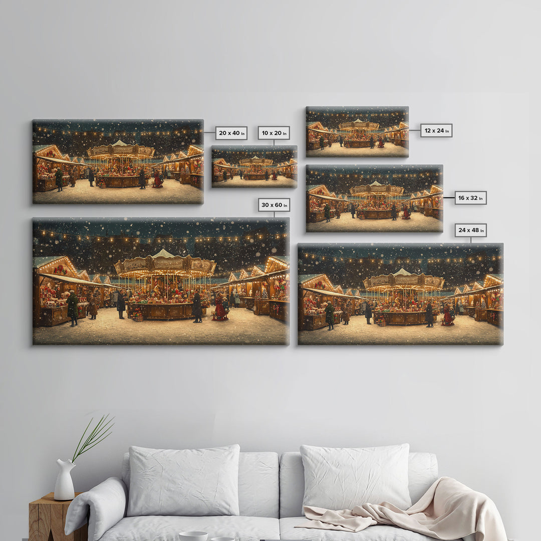Retro Carousel Christmas Market Framed Canvas Print - Beautiful Vintage Christmas Decor and Holiday Wall Art with Christmas Scene
